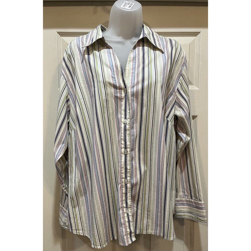 EUC Bill Blass Jeanswear multi Blue Green stripe button up 1X stretch vintage